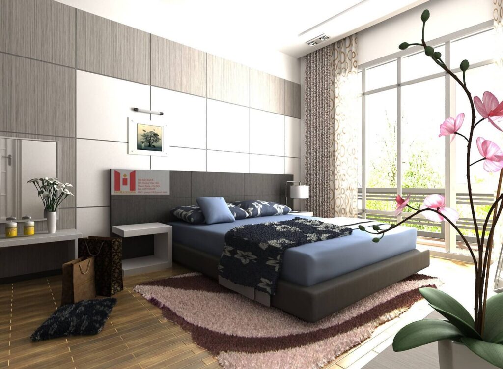 Phòng ngủ hiện đại với giường lớn, cửa sổ ánh sáng, và cây hoa trang trí tạo không gian thoải mái.