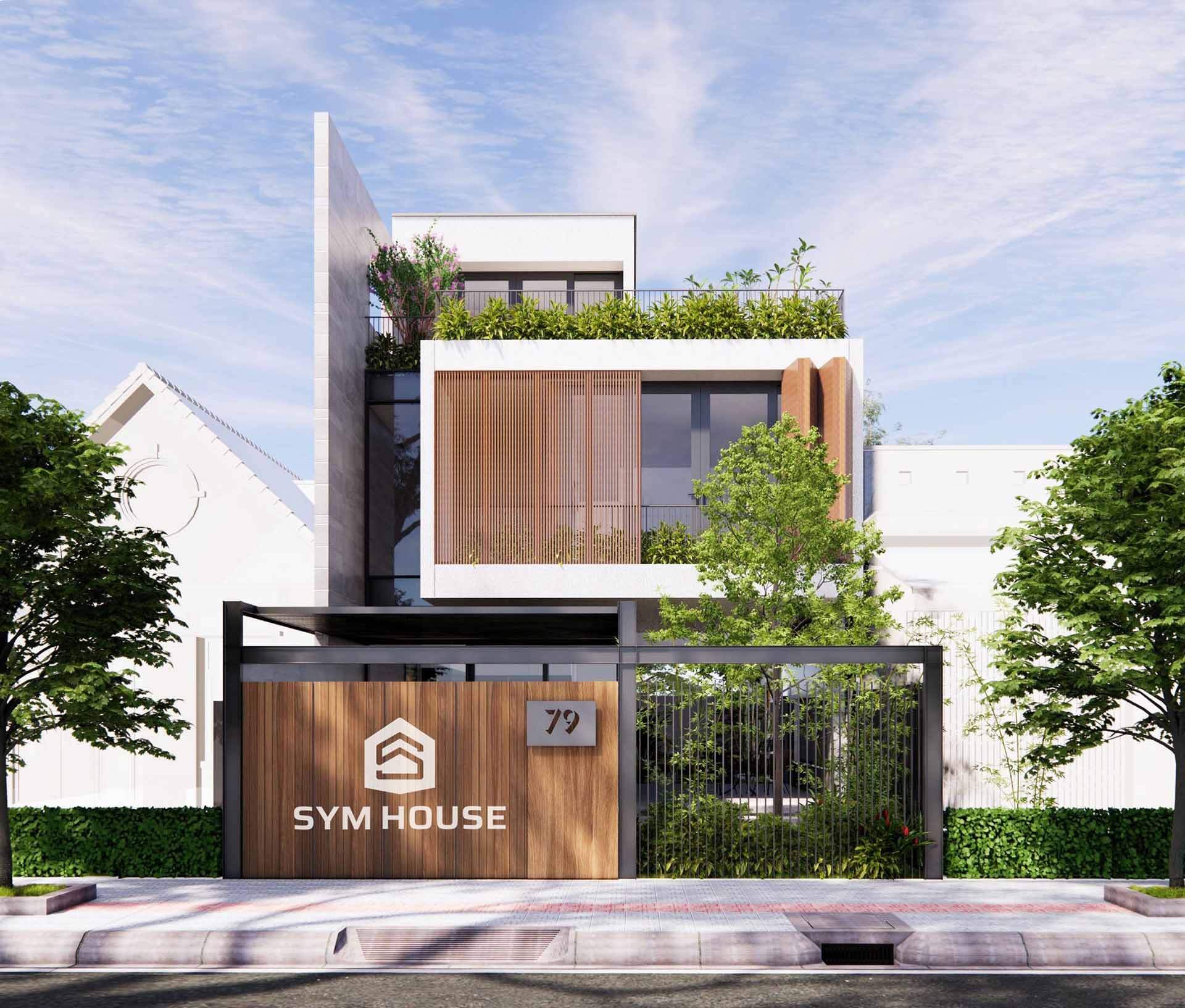 Ngôi nhà hiện đại SYM House với thiết kế xanh và cửa kính rộng lớn, mặt tiền gỗ, cây cối xung quanh.