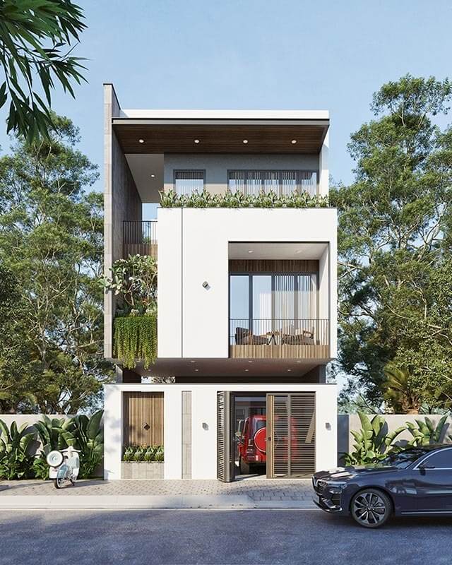 Nhà hiện đại ba tầng với thiết kế kiến trúc tối giản, xe hơi đỗ phía trước và cây xanh xung quanh.