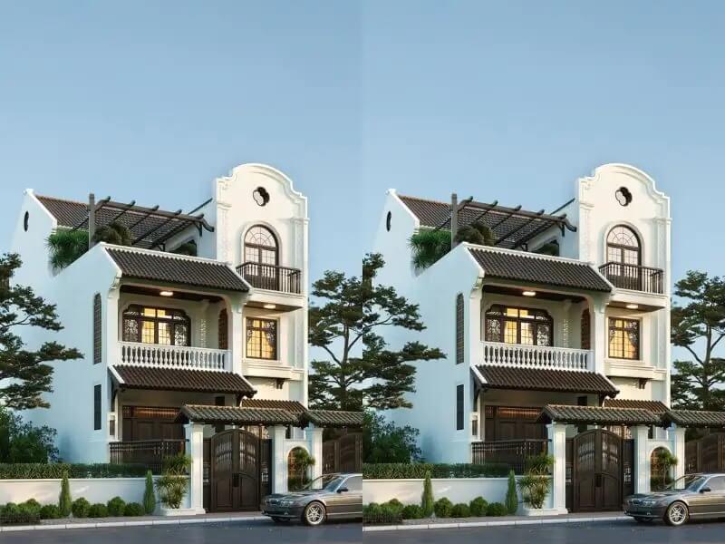Biệt thự 3 tầng hiện đại, mái ngói truyền thống, cây xanh xung quanh, thiết kế ban công rộng rãi và cửa sổ lớn.