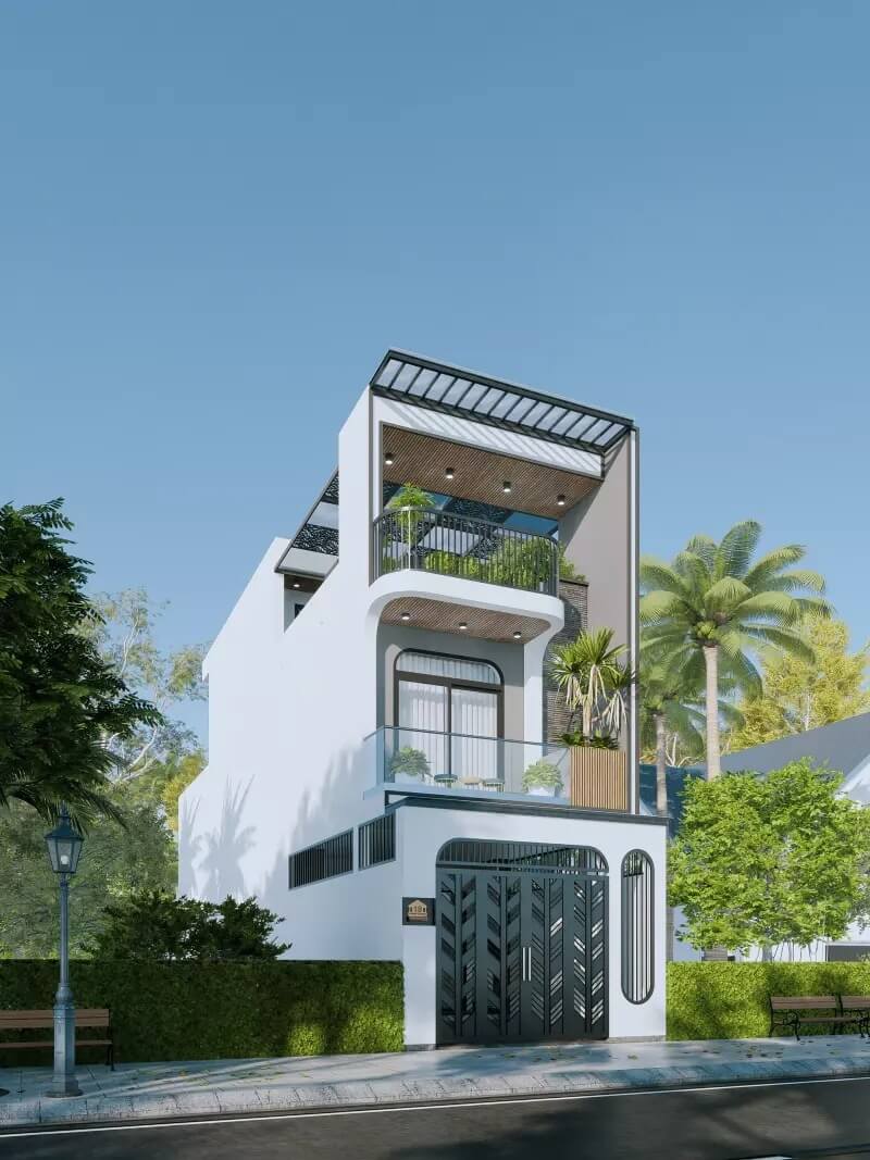 Nhà phố hiện đại 3 tầng với ban công xanh, kiến trúc tối giản giữa cảnh quan xanh tươi, ánh nắng buổi sáng.