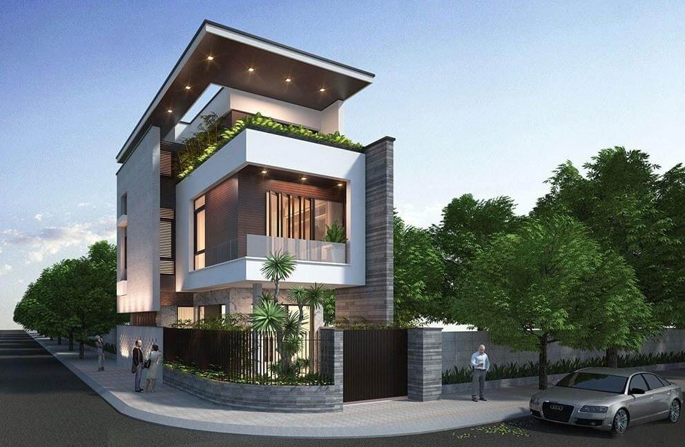Biệt thự hiện đại với ba tầng, thiết kế xanh, bao quanh bởi cây cối và ô tô đỗ phía trước.