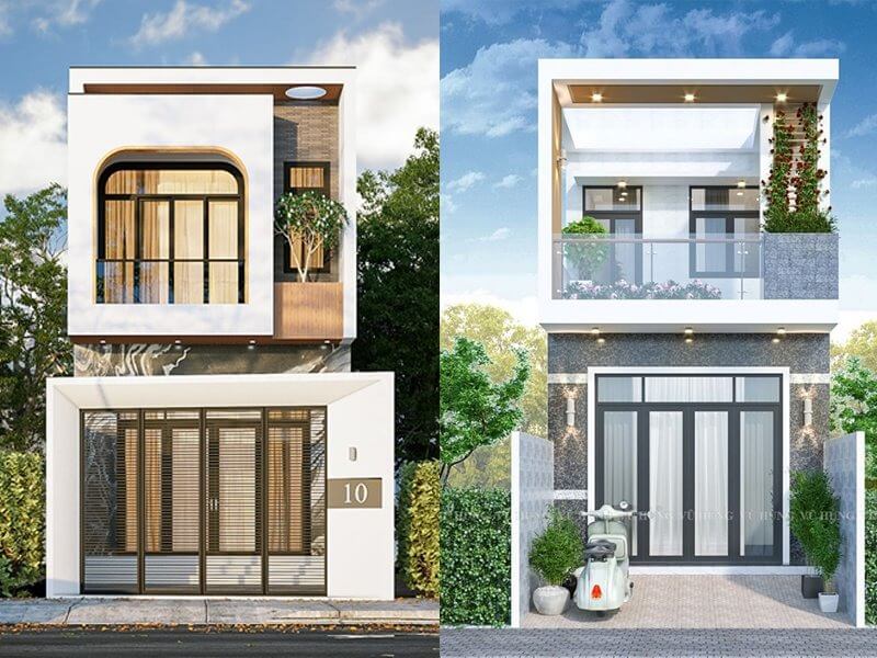 Hai ngôi nhà hiện đại, mặt tiền thiết kế độc đáo, cây xanh xung quanh, ban công đẹp và đường phố sạch sẽ.