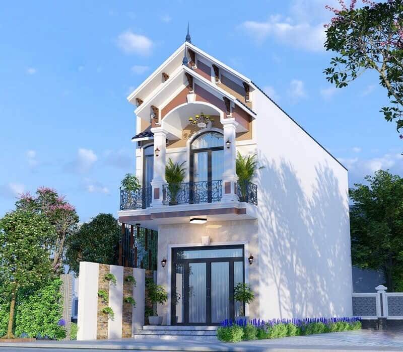 Nhà phố hiện đại hai tầng có ban công, cây xanh xung quanh, bầu trời trong xanh.