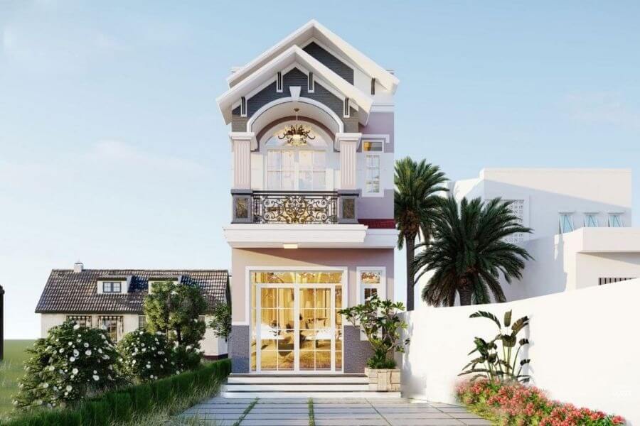 Nhà phố hai tầng hiện đại với ban công đẹp và cây xanh trang trí, tạo không gian sống gần gũi thiên nhiên.