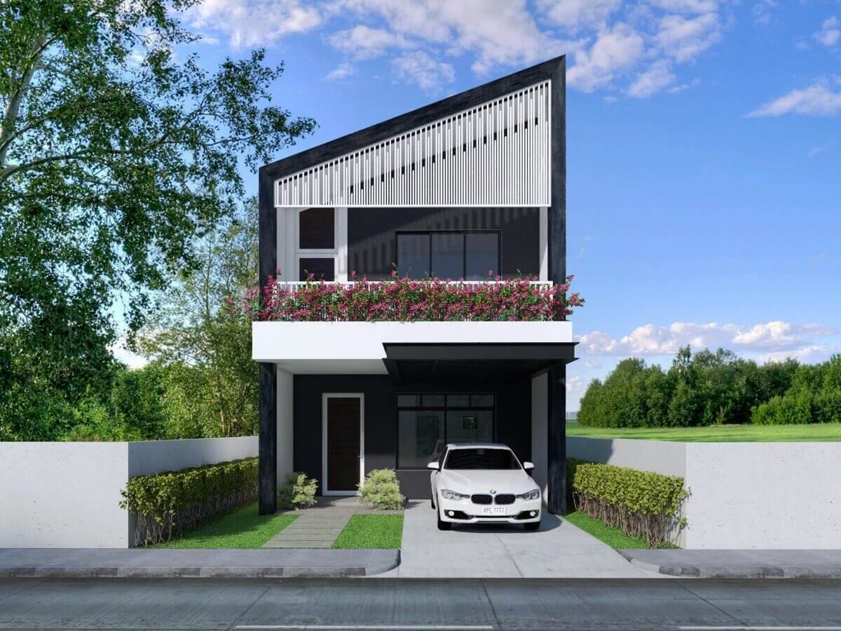 Nhà hiện đại hai tầng với xe ô tô trước sân, nằm trong không gian thoáng đãng và nhiều cây xanh.