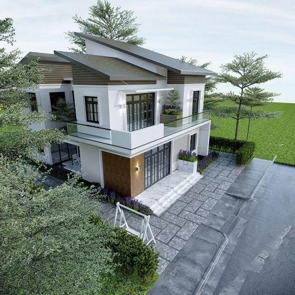 Ngôi nhà hiện đại hai tầng với sân vườn rộng, thiết kế mái lệch và cửa kính lớn.