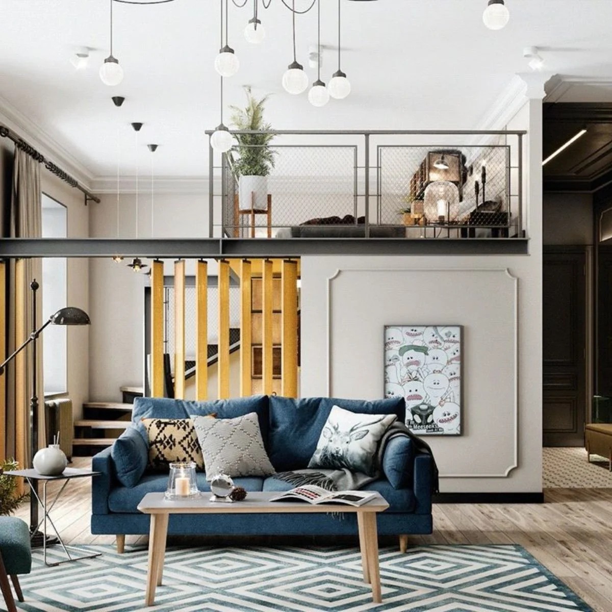 Phòng khách hiện đại với ghế sofa xanh lam, bàn trà và tranh treo tường, gác xép trên tầng hai.