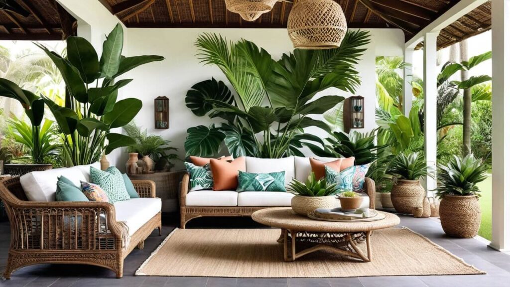 Phòng khách ngoài trời với sofa mây, cây xanh, và đèn tre tạo không gian thư giãn gần gũi với thiên nhiên.