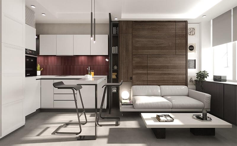 Phòng khách hiện đại với sofa trắng, bàn gỗ và bếp mở, thiết kế nội thất thanh lịch và tối giản.