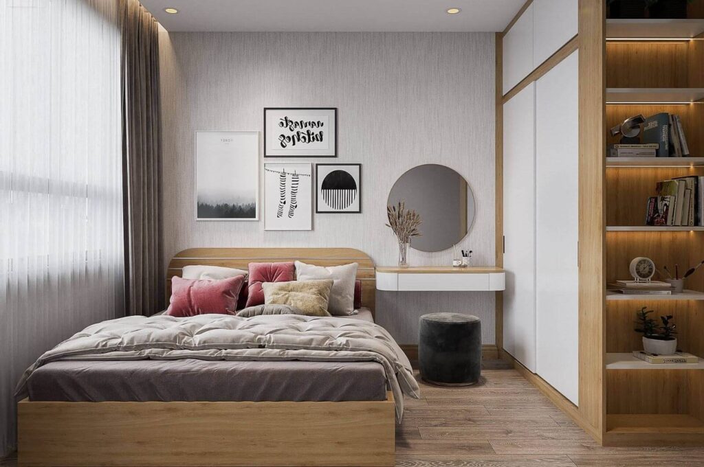 Phòng ngủ hiện đại với giường gỗ, gối màu sắc, tranh trang trí và bàn trang điểm tinh tế.