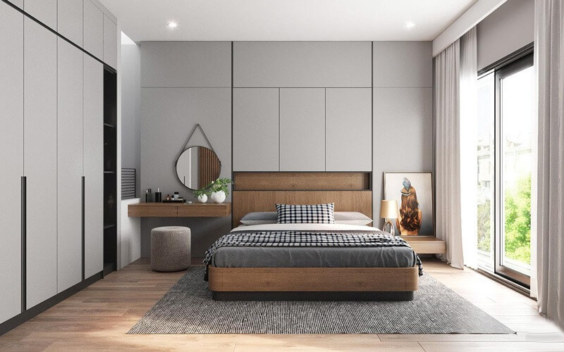 Phòng ngủ hiện đại với giường gỗ, cửa sổ lớn, mang lại không gian sáng tạo thoải mái và ấm cúng.