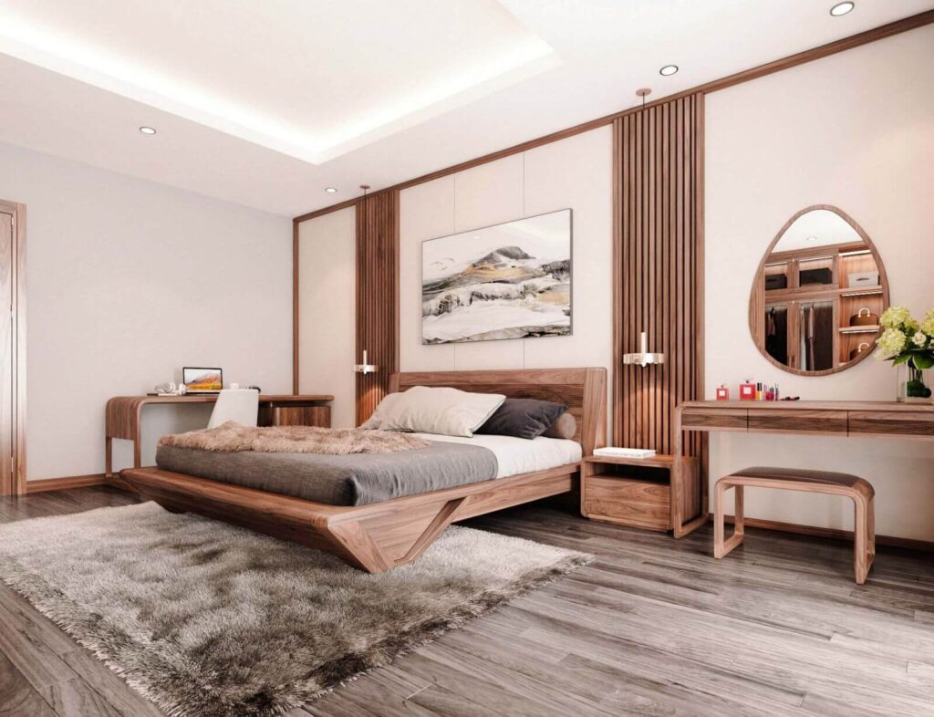 Phòng ngủ hiện đại với nội thất gỗ tự nhiên, giường êm ái và bàn trang điểm, đèn âm trần ấm áp.