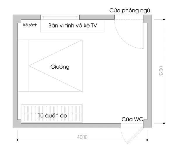 Bản vẽ sơ đồ phòng ngủ với giường, tủ quần áo, bàn vi tính và kệ TV, cùng cửa ra vào và cửa WC.