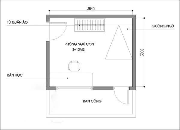 Sơ đồ phòng ngủ con diện tích 10m2 có ban công, tủ quần áo, giường ngủ và bàn học. Kích thước 3640x3000 mm.