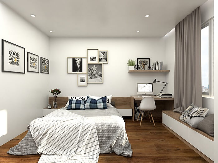 Phòng ngủ hiện đại với giường gỗ, bàn làm việc và cửa sổ lớn mang ánh sáng tự nhiên.