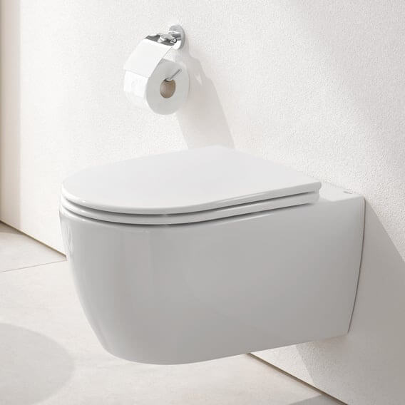 Bồn cầu treo tường trắng hiện đại, thiết kế tối giản, tiện nghi cho phòng tắm.