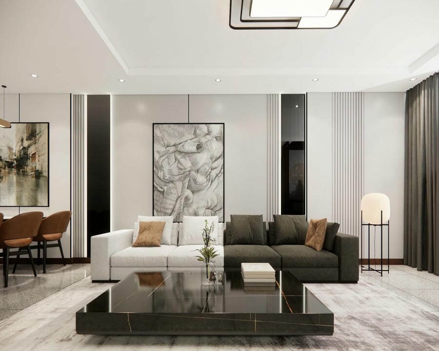 Phòng khách hiện đại với sofa trắng, xám, bàn đá đen bóng và đèn đứng trang trí.