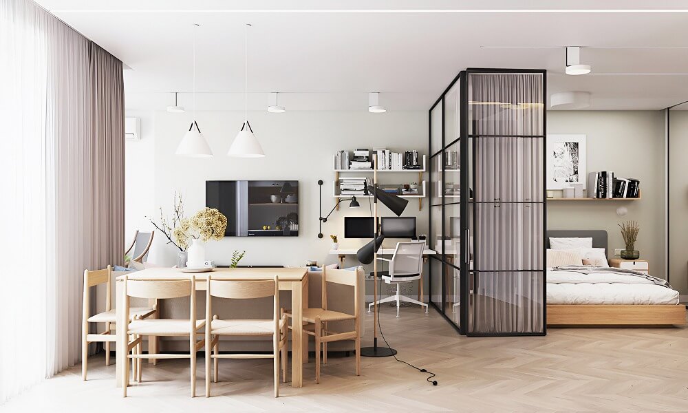 Căn hộ hiện đại với thiết kế mở, gồm bàn ăn gỗ, giường ngủ và góc làm việc tiện nghi, ánh sáng tự nhiên tràn ngập.