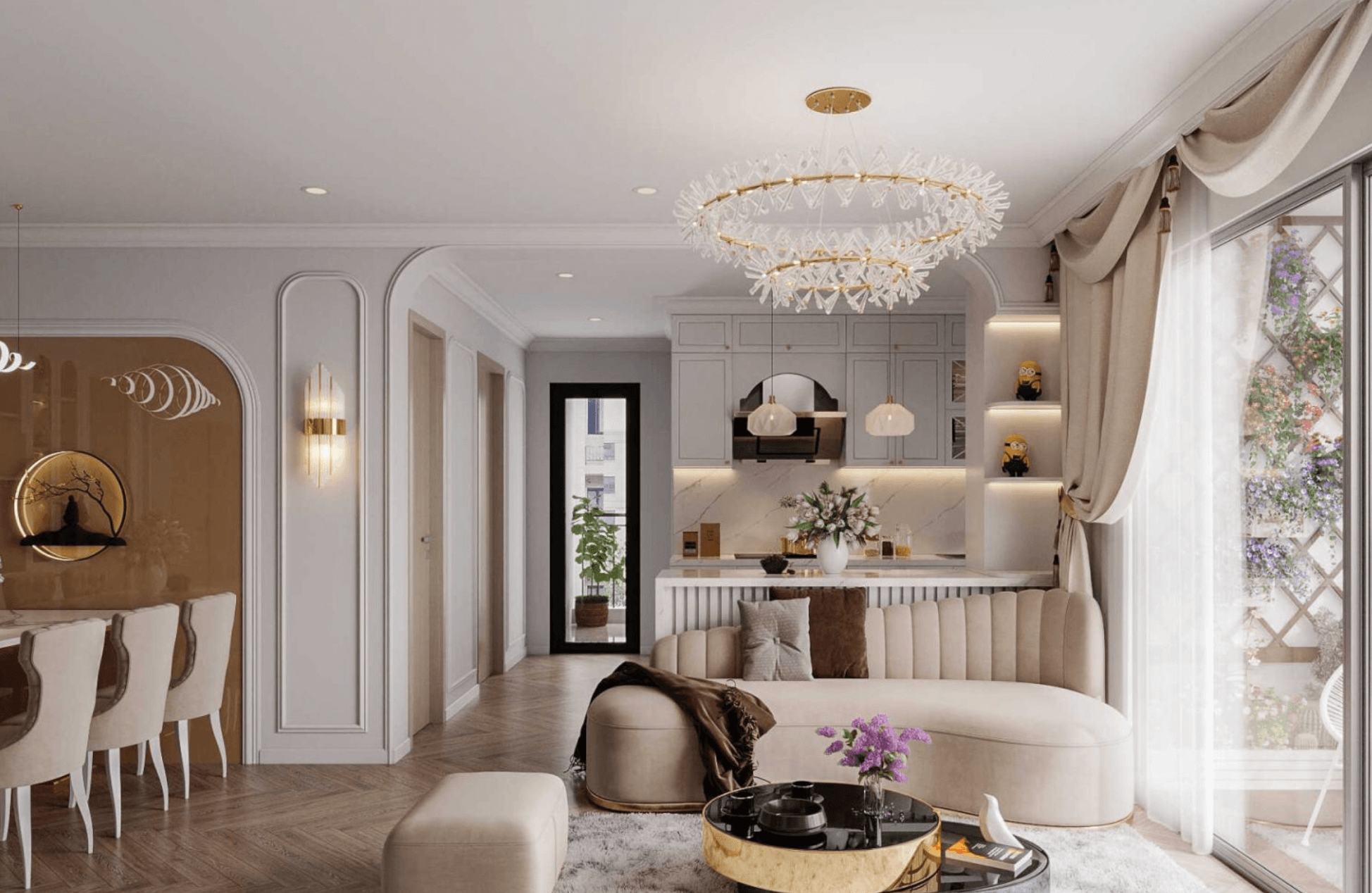 Phòng khách hiện đại với ghế sofa và đèn chùm sang trọng, nội thất hài hòa tạo không gian ấm cúng.