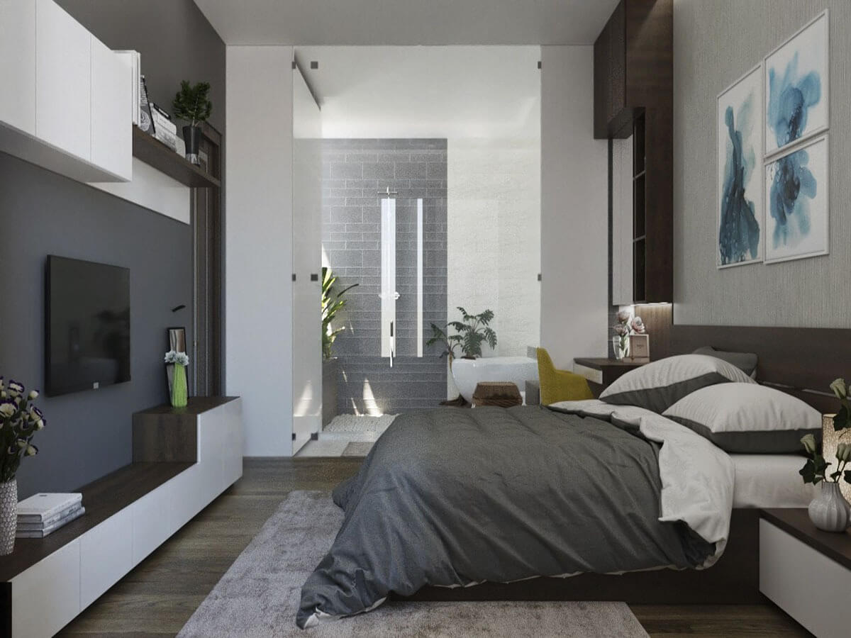 Phòng ngủ hiện đại với giường lớn, trang trí tối giản và ánh sáng tự nhiên từ cửa sổ.