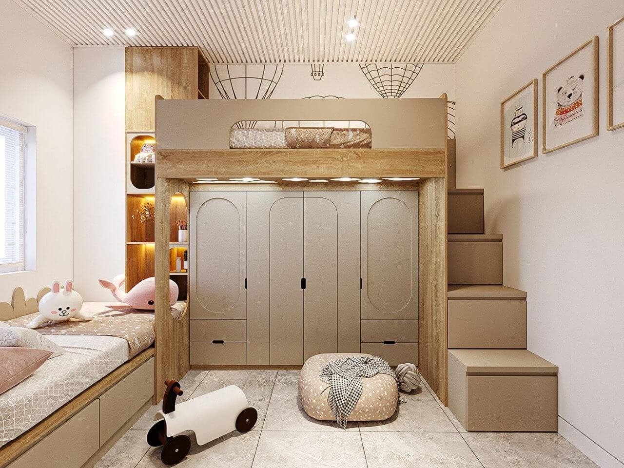 Phòng ngủ trẻ em hiện đại với giường tầng, nội thất gỗ sáng, và đồ chơi dễ thương, tạo không gian ấm cúng.