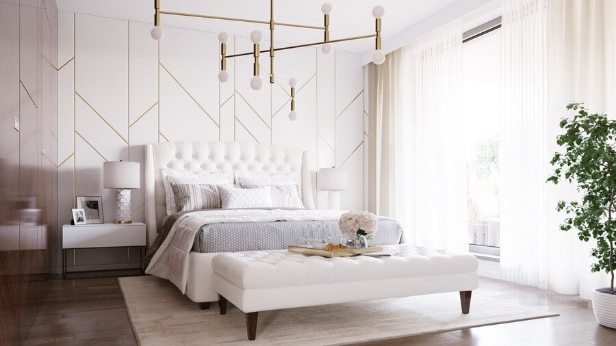 Phòng ngủ sang trọng với giường trắng, đèn chùm hiện đại, và cửa sổ lớn mang lại ánh sáng tự nhiên.