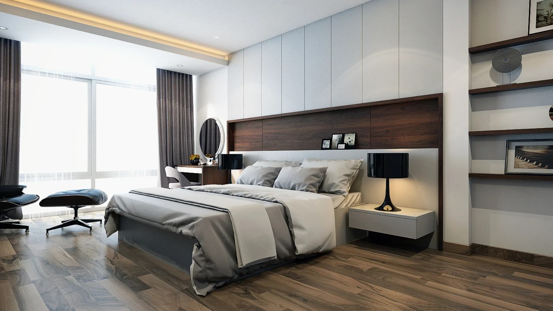 Phòng ngủ hiện đại với giường lớn, ánh sáng tự nhiên và nội thất gỗ sang trọng.