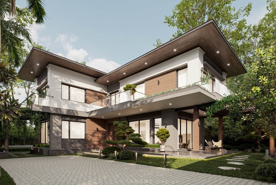 Nhà hiện đại 2 tầng với thiết kế độc đáo, không gian xanh bao quanh, cửa kính lớn, kiến trúc tối giản và mái dốc.