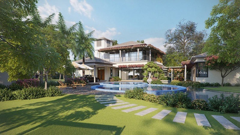 Biệt thự sang trọng với hồ bơi và khu vườn xanh mát, khung cảnh thanh bình dưới bầu trời trong xanh.
