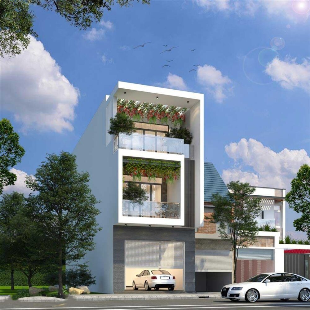 Nhà phố hiện đại với ban công cây xanh, ô tô đỗ trước cửa, trời xanh mây trắng, cảnh quan đô thị.