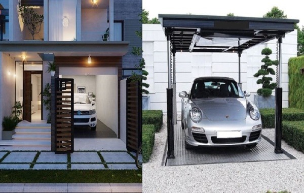 Nhà hiện đại với gara xe tiện nghi, xe hơi đỗ trong và ngoài, thiết kế thông minh và sang trọng.