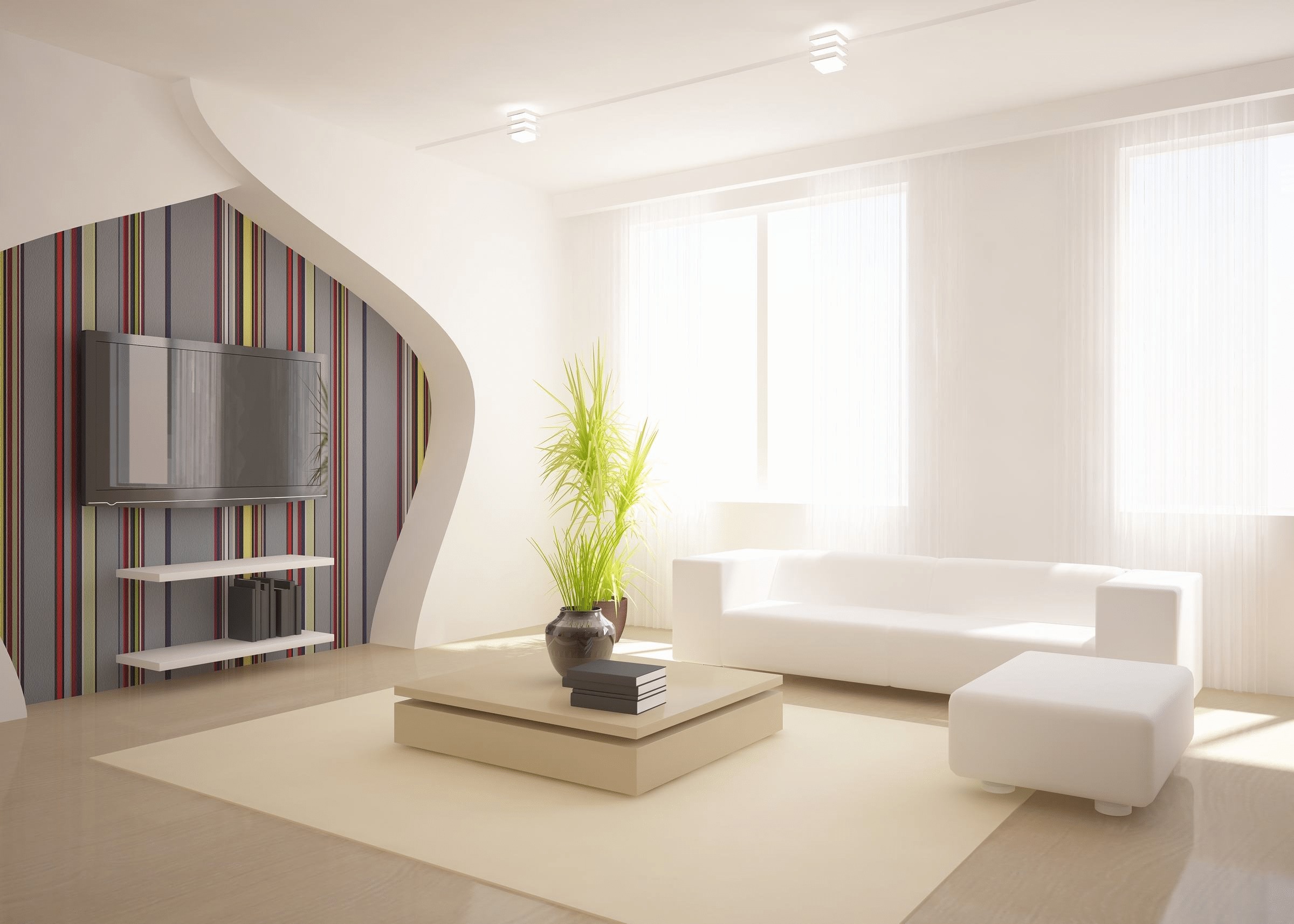 Phòng khách hiện đại với sofa trắng và tivi treo tường, trang trí cây xanh, tường sọc và nội thất tối giản.