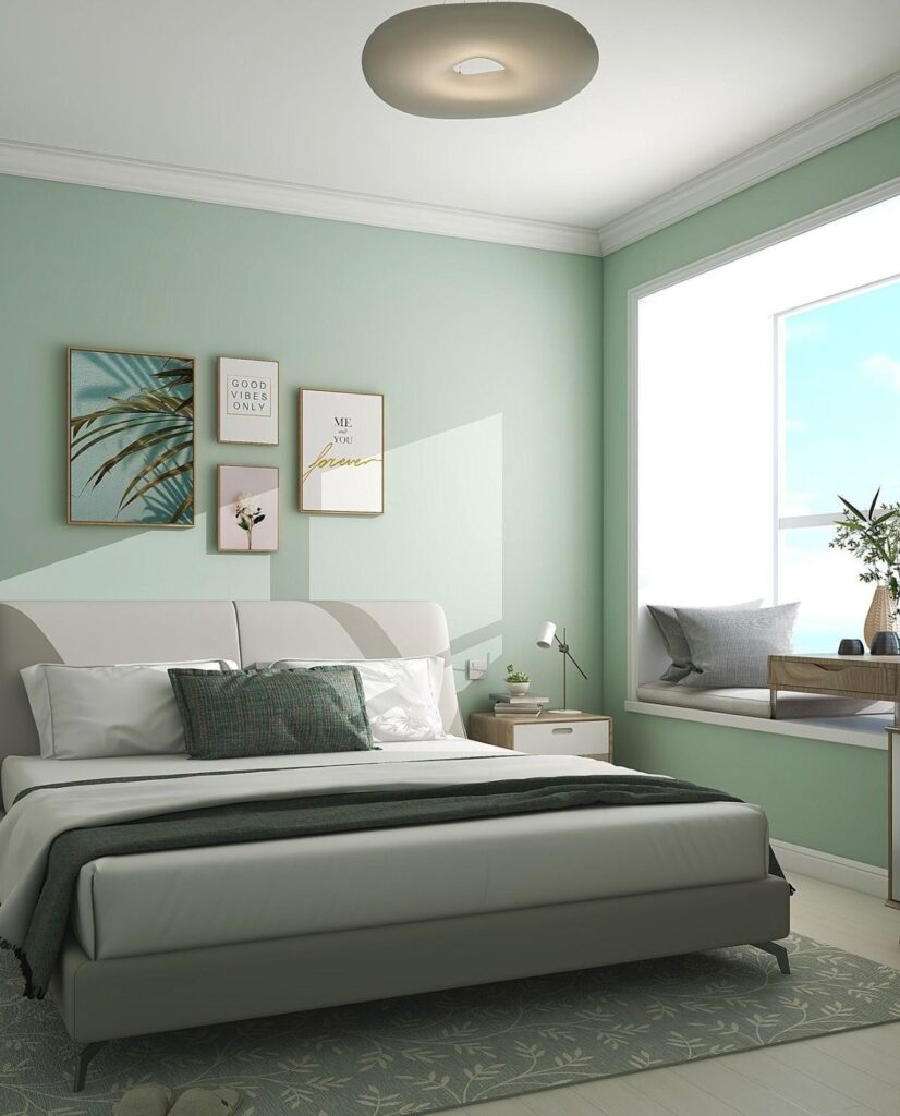 Phòng ngủ hiện đại với tường màu xanh nhạt, giường trắng, tranh treo, cửa sổ sáng tạo không gian thoải mái.