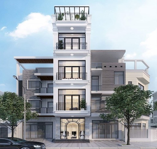 Tòa nhà 5 tầng hiện đại với ban công kính và mặt tiền sang trọng, nổi bật giữa thành phố xanh.