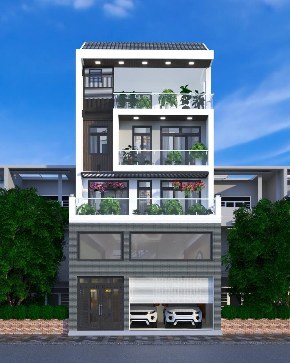 Nhà phố hiện đại 3 tầng với ban công cây xanh và gara ô tô, thiết kế kiến trúc sang trọng.
