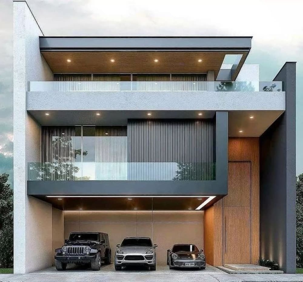 Nhà hiện đại ba tầng với ba xe ô tô đỗ trước gara, thiết kế tối giản và sang trọng.