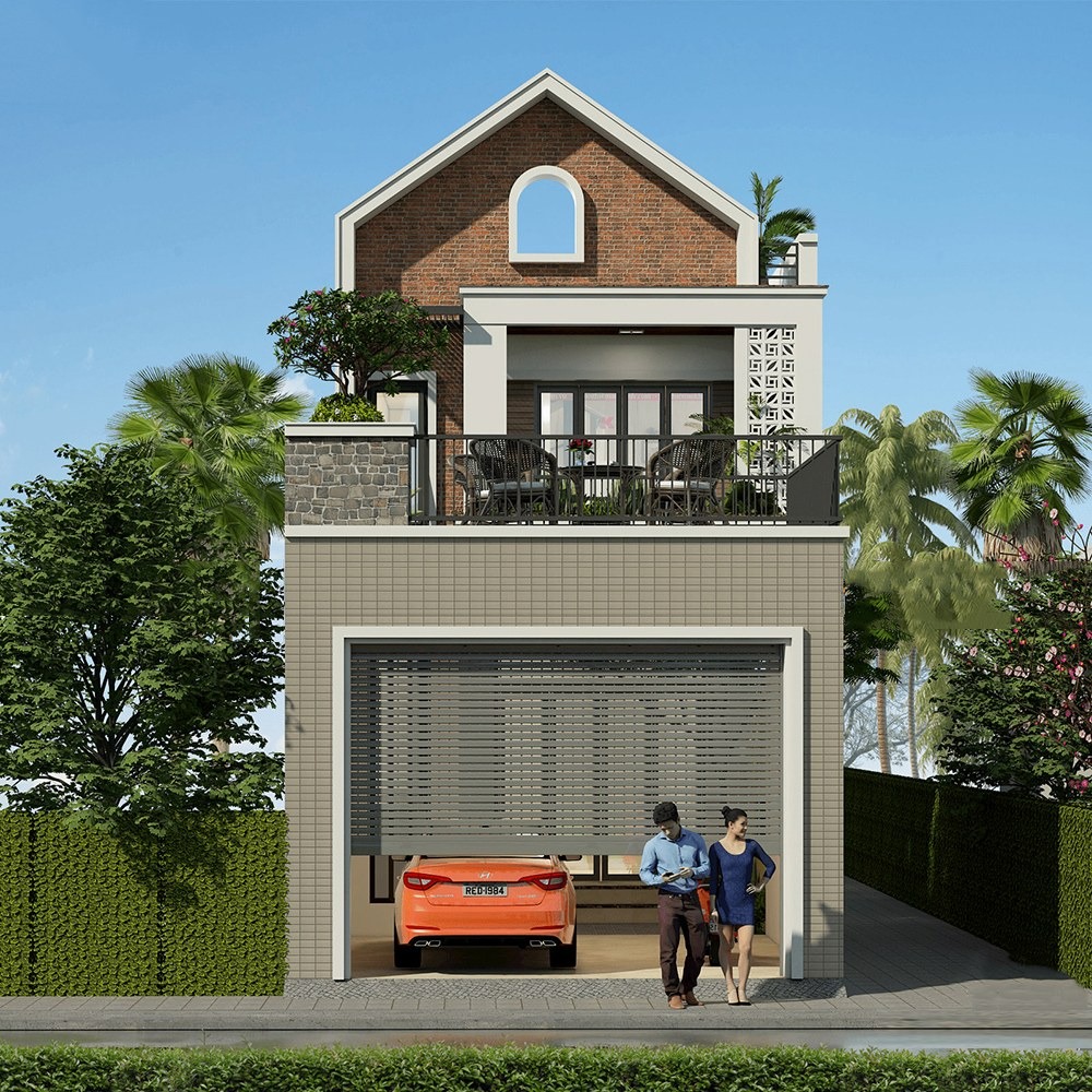 Nhà hai tầng hiện đại với gara ô tô và ban công, cây xanh xung quanh dưới bầu trời trong xanh.