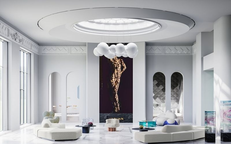 Phòng khách sang trọng với thiết kế hiện đại, có đèn chùm độc đáo và cửa sổ lớn lấy sáng tự nhiên.