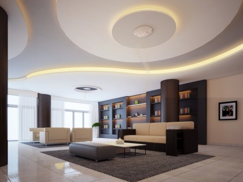 Phòng khách hiện đại với trần nhà độc đáo, ghế sofa sang trọng, bàn cafe và kệ sách gỗ tối màu, ánh sáng tự nhiên.