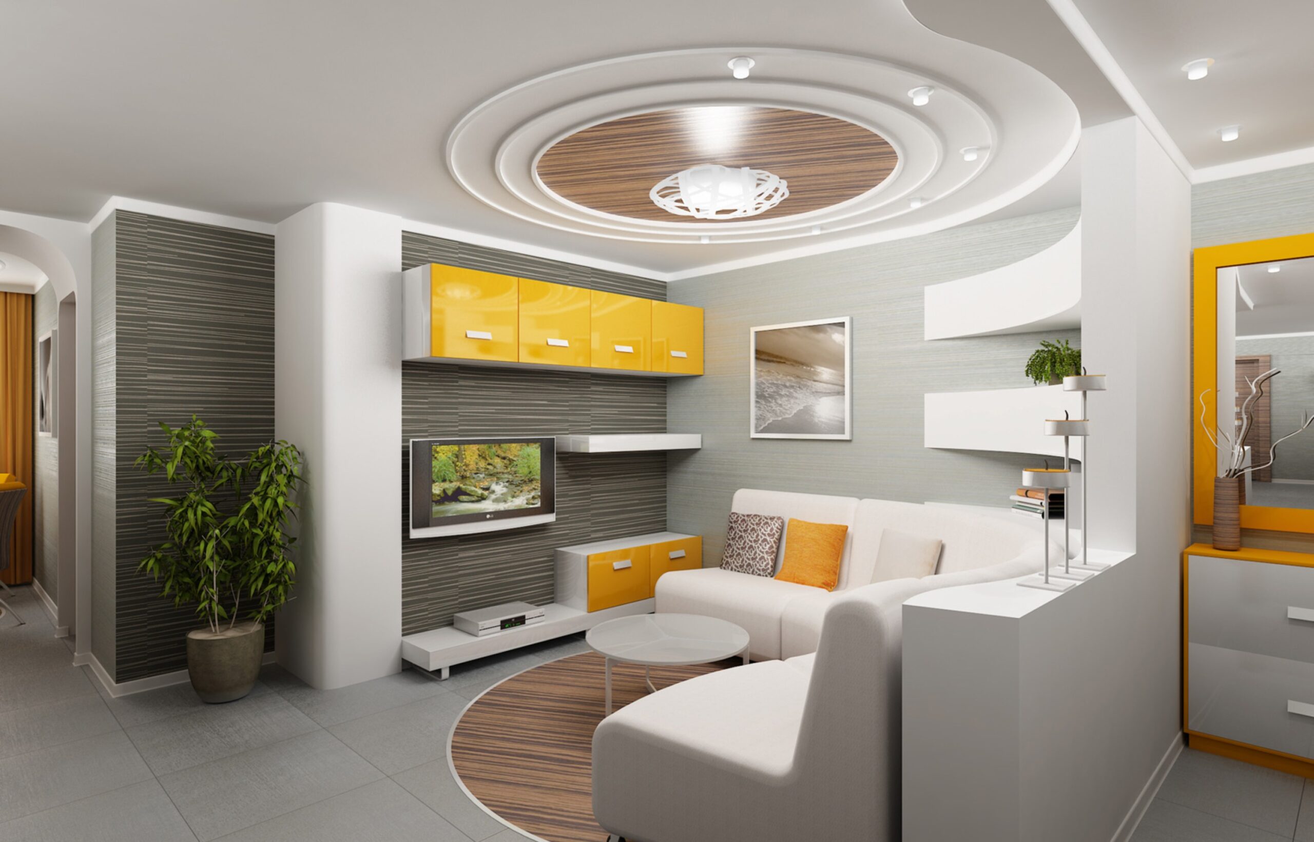 Phòng khách hiện đại với sofa trắng, nội thất vàng nổi bật và trang trí tối giản, ánh sáng tự nhiên.