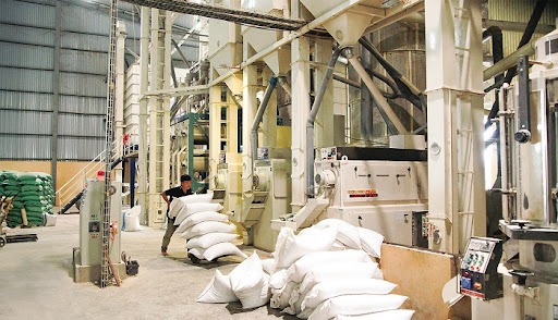 Công nhân đang xếp bao tải trong nhà máy chế biến gạo hiện đại.