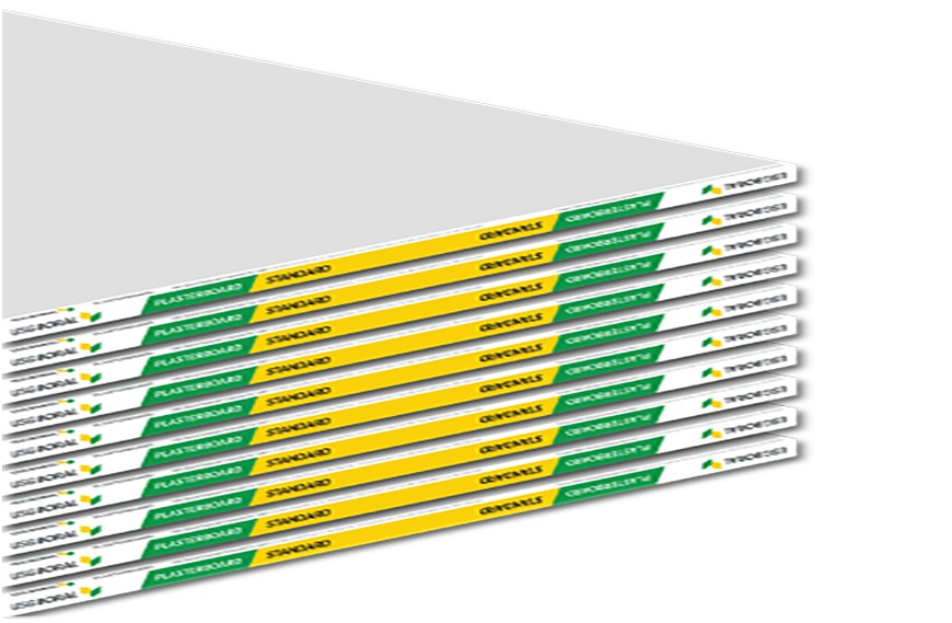 Tấm thạch cao xếp chồng, nhãn USG Boral, sản phẩm xây dựng tiêu chuẩn, màu sắc nổi bật.