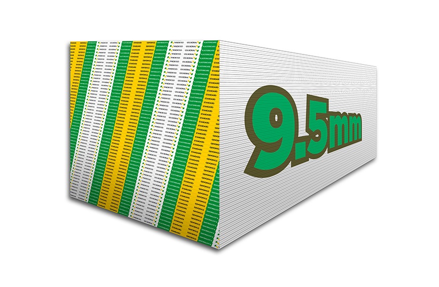 Tấm thạch cao 9.5mm thương hiệu Vĩnh Tường, nền trắng sọc vàng xanh, kích thước tiêu chuẩn.