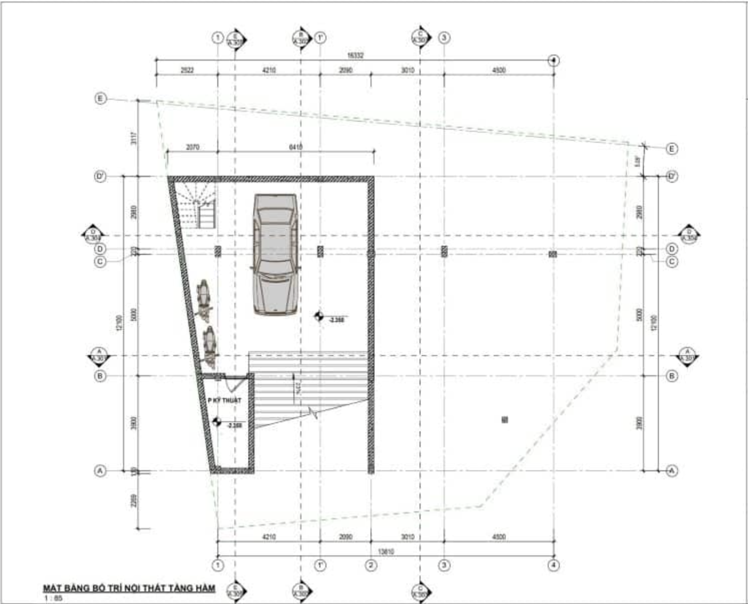 Bản vẽ mặt bằng thiết kế tầng hầm với sơ đồ ô tô và chi tiết bố trí nội thất.