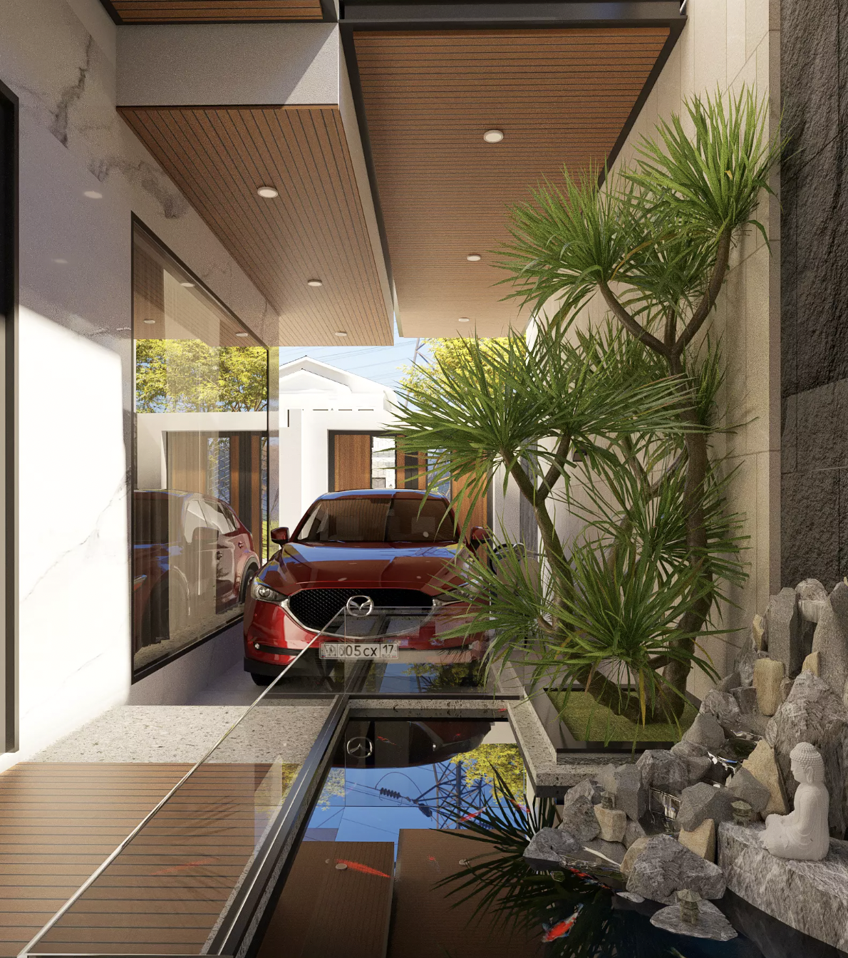 Xe ô tô đỏ đậu trong sân cạnh tiểu cảnh hồ cá và cây xanh, không gian thiết kế hiện đại, sáng tạo.