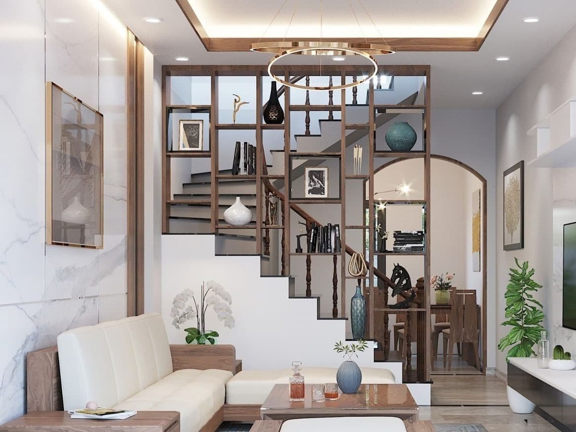 Phòng khách hiện đại với cầu thang gỗ và trang trí nội thất tinh tế.