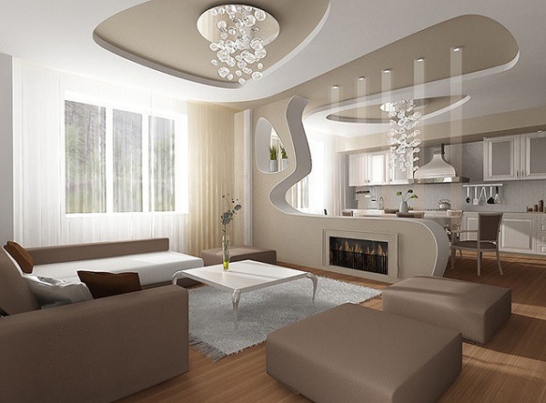 Phòng khách hiện đại với sofa nâu, đèn chùm pha lê và trần nhà thiết kế độc đáo.