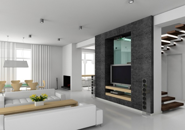 Phòng khách hiện đại với ghế sofa trắng, tường tối màu và hệ thống giải trí. Nội thất tối giản và sáng tạo.