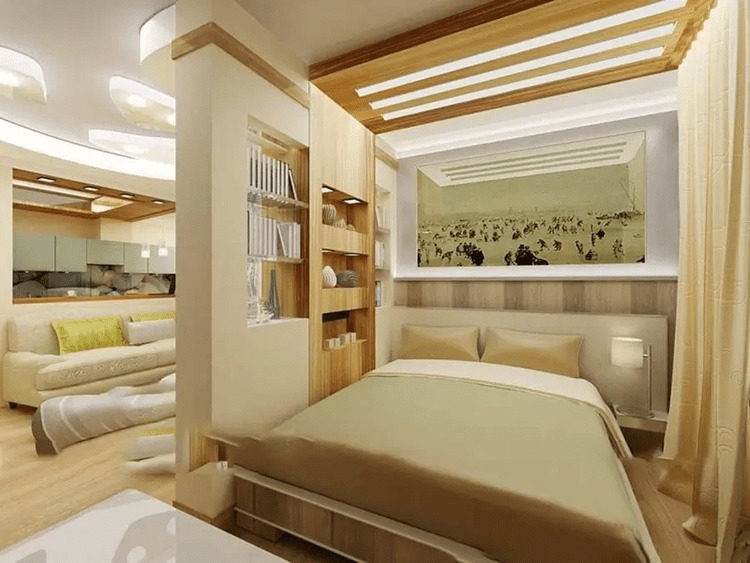 Phòng ngủ sang trọng với nội thất gỗ hiện đại, giường đôi êm ái và bức tranh nghệ thuật lớn trên tường.